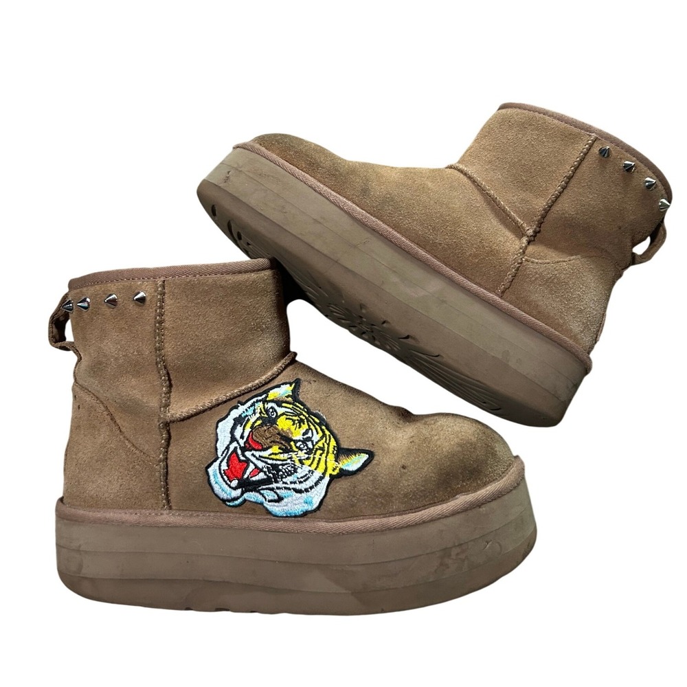 UGG Platform Tiger Patch Spiked Chestnut Boot Custom Upcycled Studded Grunge Y2K